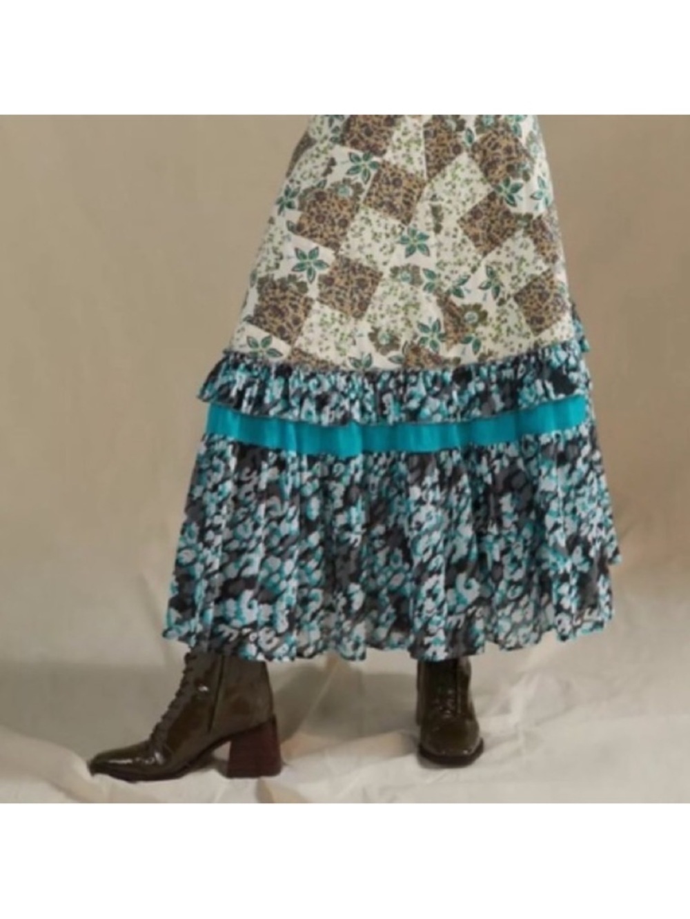 RAGA Anthropologie White Maxi Skirt with Teal Band and Brown Patchwork XL - Picture 4 of 11